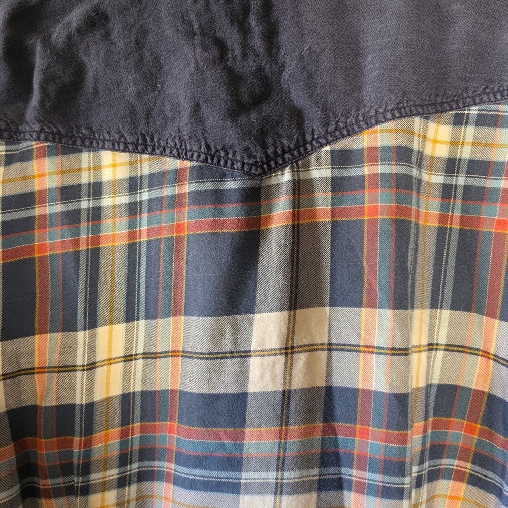 Vintage GUESS Pearl Snap Western Plaid Shirt Blue Orange Contrast Yoke Flannel - Picture 5 of 10